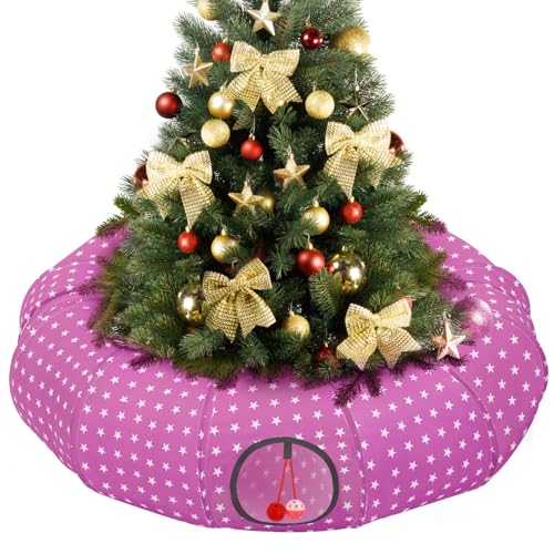 Image of Pawaboo Cat Tunnel Bed Under Christmas Tree 35.4'', Decorative Christmas Style Kitty Tube Tunnel with Toy Ball, Christmas Cat Toy Circle Tunnel, Deep Pink