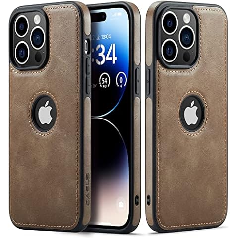 Casus Designed for iPhone 14 Pro Case Vegan Leather Slim Logo View Classic Luxury Elegant Thin Protective Cover (2022) 6.1" (Gray) Cover