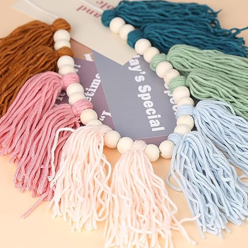 Colorful Boho Tassel Garland with Wood Beads Macrame Woven Banner Wall Hangings for Kids Bedroom Nursery Party Holiday Classroom Decoration (C)