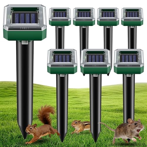 Thcritter Repelente de topos, serpientes y mofetas y conejos, alimentado por energía solar, disuasorio ultrasónico, impermeable IP66, eficaz para deshacerse de Gopher, mapache, campañol, marmota