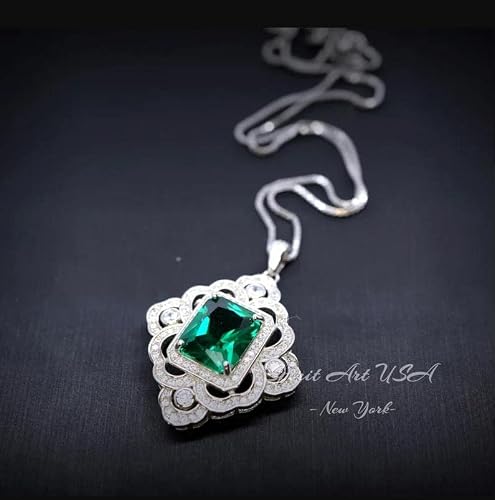Gorgeous Green Emerald Necklace - Diamond Flower Sterling Silver White Gold Coated - Faceted Rectangle 5 Ct Emerald Pendant #TOP2