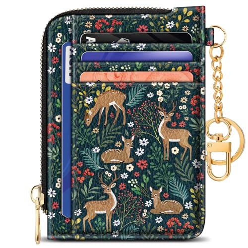 Image of GIANCOMICS Slim Wallet Credit Card Holder Women, Cute Deer Rfid Blocking Small Card Case, Keychain Thin Pocket Curved Zipper Wallet, Travel Card Holder PU Leather ID Window, Ladies Female Gifts