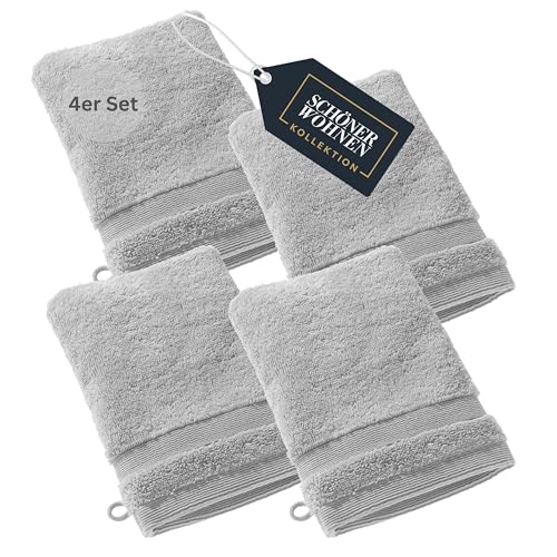 SCHÖNER WOHNEN Juego de 4 manoplas de baño premium para bebé, 16 x 21 cm, muy absorbentes, manoplas de lujo grises, 100 % algodón, mullidas, suaves, combinables como juego de toallas, rizo para niños
