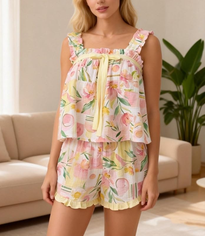 Image of ROAONOCOMO Women Floral Pajama Set Ruffle Babydoll Cami Top Coquette Pj Set Gingham 2 Piece Shorts Outfit Bridal Loungewear