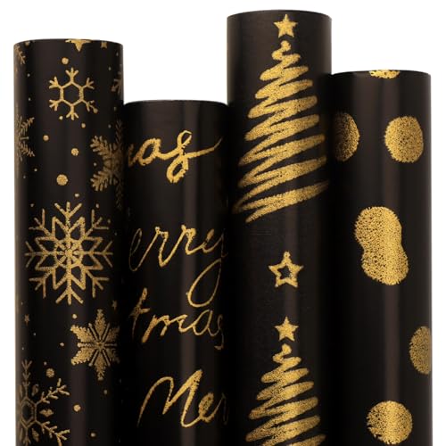 Ribbli Black Gold Merry Christmas Wrapping Paper 4 Rolls Snowflake Merry Christmas Tree Pattern with Glitter Gold - 30 Inch x 10 Feet Per roll