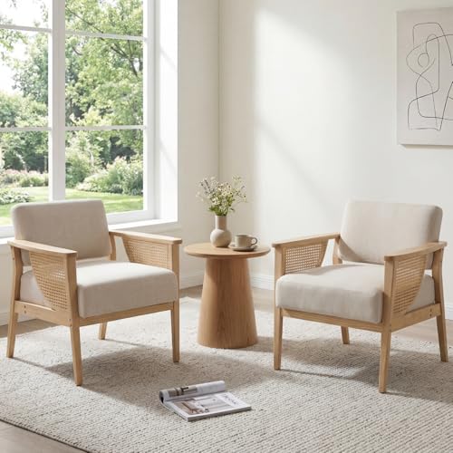 Quinjay Mid Century Modern Accent Chair Set Of 2, Rattan Armchair With Wood Legs Living Room Chair Linen Upholstered Lounge Chair For Bedroom Reading Room, Beige