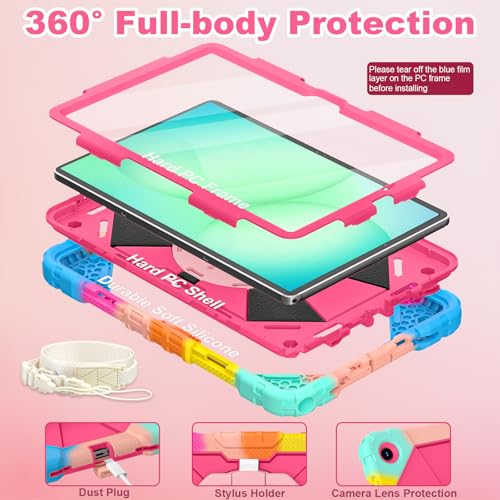 Image of WESOROL Case for Galaxy Tab A11 Plus /A9 Plus 11 Inch,Shockproof Cover for Samsung Tablet A11+ /A9+ Case with Screen Protector 360 Rotating Stand Pencil Holder Shoulder Strap,Colorful Pink