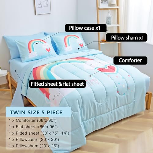 Image of Kids Bedding Twin Set for Girls Boys- Rainbow 5-Piece Comforter Set with Sheets, Pillowcase & Sham, Soft and Cozy