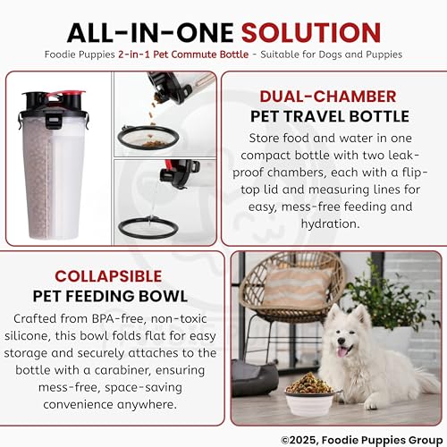 Image of Foodie Puppies 2-in-1 Pet Travel Water Bottle (350ml) with Collapsible Bowls - Portable Food & Water Dispenser, Leakproof, Snap Lid, Non-Slip Design | Pet Feeder for Dogs & Puppies (White, Pack of 1)
