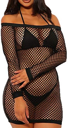 Nihsatin Women's Elastic Fishnet Lingerie Mesh Badydoll Mini Dress Clubwear Sleepwear Nightgown Black