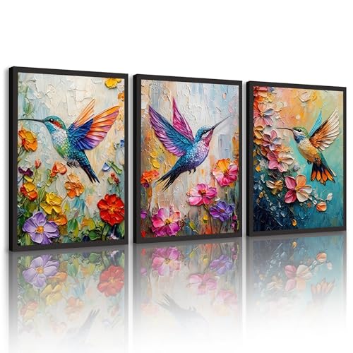 3 Pcs Colorful Hummingbird Canvas Wall Art Colorful Birds Wall Decor Pictures Abstract Flower Bird Poster Prints for Wall Living Room Bathroom Bedroom Home Decoration 12x16in Unframed