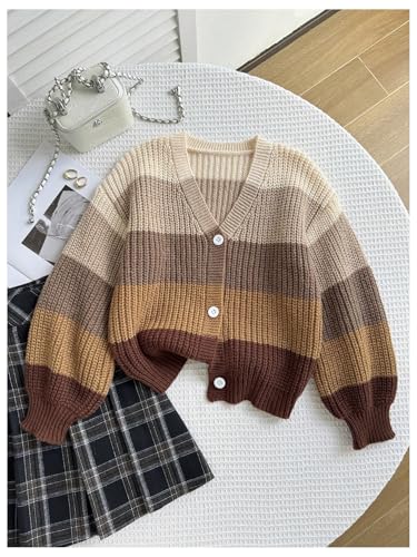 Image of BEAUDRM Girl's Rainbow Cardigan Sweater Fall Cute Sweaters Colorblock Button Down Cardigan Long Sleeve Knitted Top