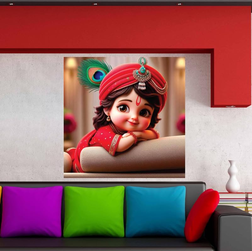 Image of British Terminal Cute little Bal Gopal Baby God Krishna| Kanha Ji | Laddu Lord Makhan Chor Painting Religious Poster for Pregnant Women for wall (matt thin vinyl,sticker,multicolor,unframed)| bj340