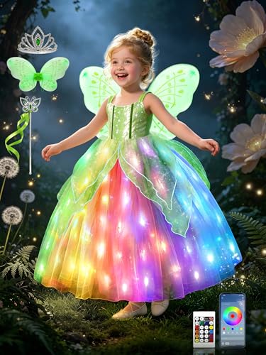 Light Up Girls Halloween Costume Toddler Fairy Dress & Wings Green Fairy Girls Costume Princess Ball Gown Kids