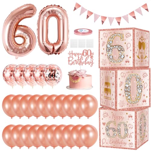 TOSZOLY 60 Anni Decorazioni Compleanno, Arco Palloncini Rosa Gold con Palloncino Coriandoli Dorati, Di Palloncini Oro Rosa, Palloncino Numero Scatole, Regalo Donna Compleanno per Feste Compleanno