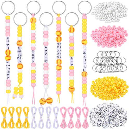 Ailefentene 564 Pcs DIY Bead Keychain Kit Softball Theme Key Chain Making Craft Set with Letter Beads Metal Key Rings for Sports Party Favors Team Gifts Backpack Accessories