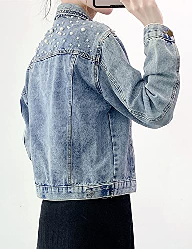 Tanming Women's Casual Embroidered Pearls Beading Denim Jacket Jean Coat（Blue-M） #TOP3