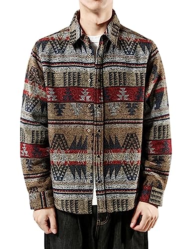 Image of FindThy Men's Brushed Flannel Shirts Ethnic Aztec Print Button Up Lapel Tribal Shirt Jacket Shacket