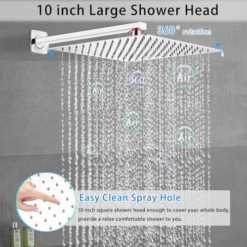 Image of Chrome Shower System YCAIKOI Wall Mount Shower Faucet Set for Bathroom 10 Inch High Pressure Luxury Shower Head with Handheld, Rough-in Valve Body and Trim Included