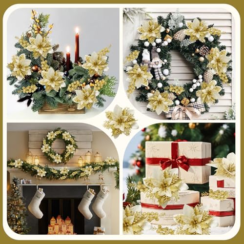 trytuny 50pcs Glitter Poinsettia Christmas Ornaments, Artificial Flowers with Clips Stems for DIY Wreath Making, Holiday Home Party Decorations, Indoor Use (Gold) - image 5