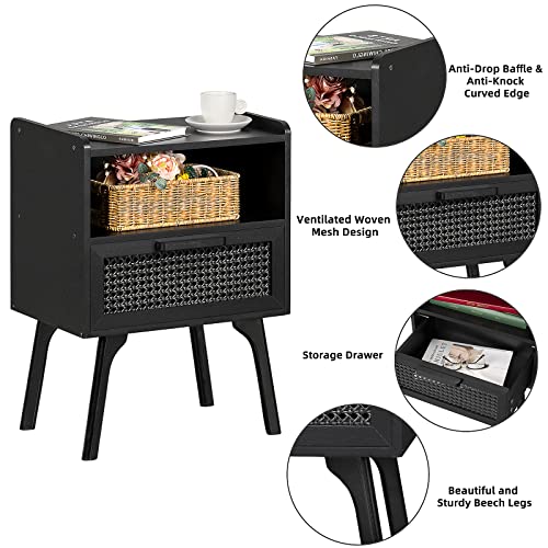 Image of Lerliuo Rattan Nightstands Set of 2, Boho Side Table with Drawer Open Shelf | Cane Accent Bedside End Table with Solid Wood Legs for Bedroom, Dorm and Small Spaces (Black)