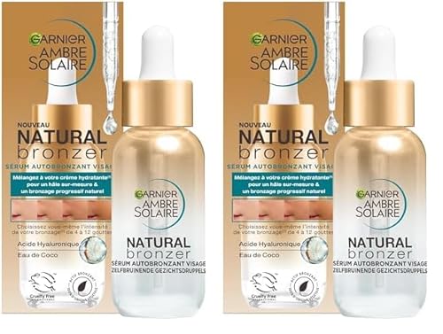 Garnier Ambre Solaire - Sérum Autobronzant Visage Hydratant - Hâle Progressif & Sur-Mesure - Eau de Coco & Acide Hyaluronique - Pour Tous Types de Peaux - Natural Bronzer - 30 ml (Lot de 2)
