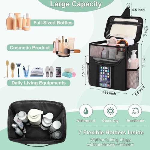 Portable Shower Caddy Dorm, Large Capacity Shower Caddy Tote Bag for College Dorm Room Essentials, Quick Dry Hanging Toiletry Bag for College Student Bathroom Camping Gym Travel Essentials (Black) - Thumbnail 2