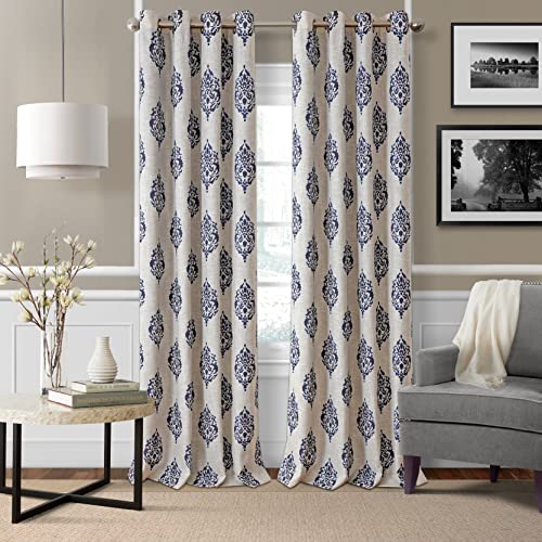 Elrene Home Fashions Navara Medallion Room Darkening Window Curtain Panel, 52" x 84" (1, Navy, W 52" x L 84" (1 Panels)