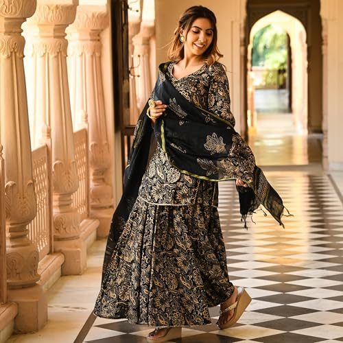 Image of GoSriKi Women's Rayon Blend Straight Printed Kurta with Sharara & Dupatta