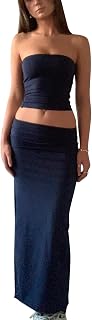 Women Maxi Skirt Set Crop Tube Top Midi Skirt Y2K Solid Long Skirt Dress Sets Bodycon Two Piece Summer Sets Party Beach