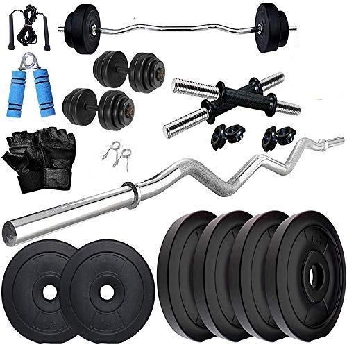 SX Fitness Home Gym Combo, Home Gym Set, Gym Equipment Set, PVC (8-24Kg),Fitness Set, with 3ft Curl Rod + One Pair Dumbbell Rods, Weight Plates, Home Gym Kit with Accessories (24)