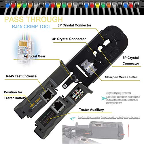 MAYLINE Network Crimp Tool RJ45 RJ11 Cat5 Cat6 Pass Through Crimper with 50pcs Connetors and 50pcs Covers Cable Tester Cutter Set, Network Multi-Function Cable Crimping Tool (Red) - Image 2
