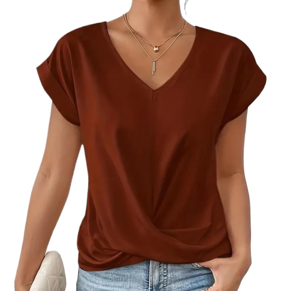 WUQILONGBANG Camisetas de media manga con cuello en V para mujer, estilo casual, cuello en V, color liso, elegante, de manga corta