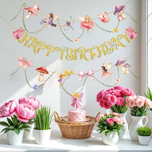Image of SUNBEAUTY Fairy Birthday Party Banner Fairy Party Decorations Fairy First Birthday Party Decorations for Girls Women Flower Mushroom Garland Leaf Vine String for Baby Shower Wonderland Spring Summer Garden Tea Party