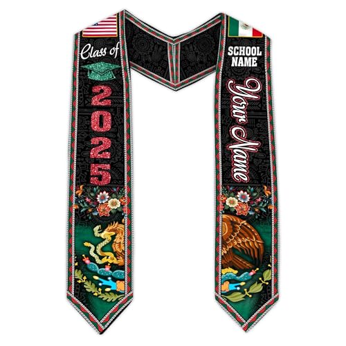 MonkeyVan Personalized Graduation Stole for Mexico Senior, Mexican Flag Graduation Sash Class of 2025 Graduation Day Gifts S394