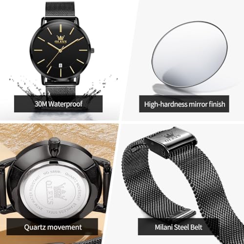 Image of OLEVS Men Leather Watches Black Ultra Thin 6.5mm Minimalist Dress Fashion Simple Casual Waterproof Date Watch for Men