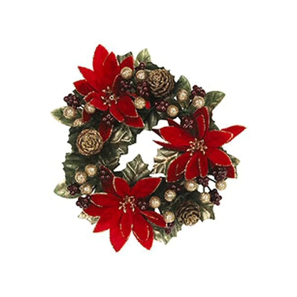 Gisela Graham Red Christmas Candle Ring Pointsettier Pine Cones & Berries For 7.5 Centimeter Dinner Candle