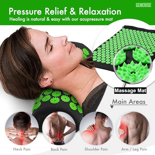 Acupressure Mat Generise Accupressure Body Mat and Pillow Set for Men & Women - Back, Neck and Muscle Pain Relief - Includes Travel Bag with Adjustable Strap (Black with Green Spikes) - Image 4