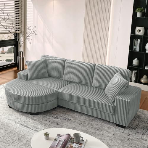 DUlVBPE L-förmiges Ecksofa – 4-Sitzer Sofa, 256.5 x 133.5 x 89 cm, Klassisches Corduroy, Modulares Design mit Ovalem Hocker, 2 Kissen Inklusive, Ideal für Wohnzimmer, Apartments & Büros, Gray – Bild 4