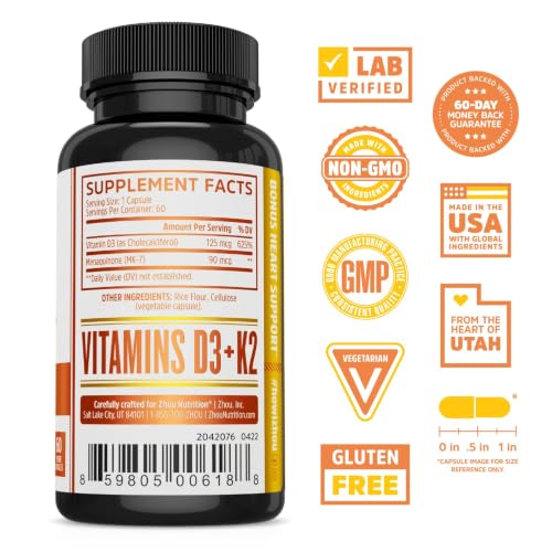 Image of Zhou D3+K2 Supplement - 60 Veggie Capsules (Pack of 1) | Vitamin D3 K2 Supplement for Women & Men, Immune Support Vit D3 and K2 Supplements