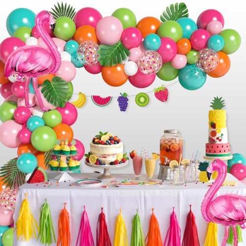 Image of 136Pcs Tropical Balloons Arch Garland Kit, Flamingo Luau Party Decorations | Hot Pink Rose Gold Fruit Green Blue Balloons Palm Leaves for Tropical Party Decorations Hawaiian Aloha Birthday Wedding Decor