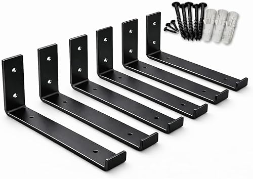 MKGT Set of 6 Heavy Duty Steel Shelf Brackets for Scaffold Board Shelving, 225mm Wall Mounted Rustic Industrial Supports, Black