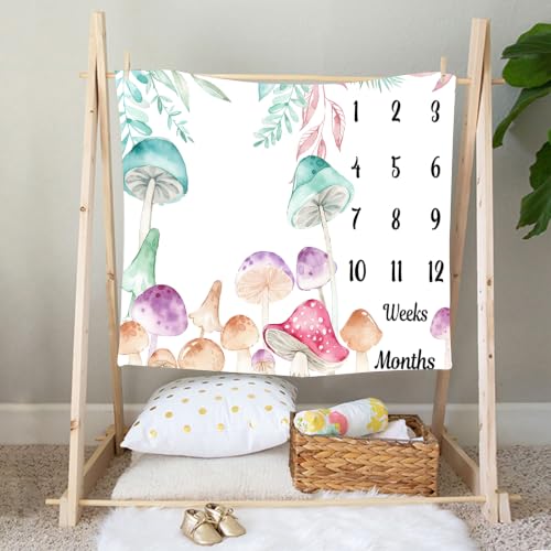 Image of Mushroom Theme Baby Monthly Milestone Blanket, Soft Flannel Watercolor Spring Tropical Eucalyptus Leaves Botanical Photography Prop Newborn Baby Shower Age Growth Tracker (Aqua, 48x48in)