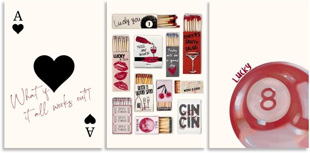 Red Aesthetic Wall Art Vintage Matchbox Trendy Ace of Hearts Print Set Of 3 Lucky Pool Ball Poster Funky Coquette Room Decor Dorm Trendy Preppy 16x24inch Unframed