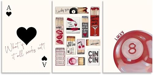 Juego de 3 pósteres estéticos de pared con estampado vintage de estilo vintage de As de corazones, juego de 3 pósteres de pelota de la suerte