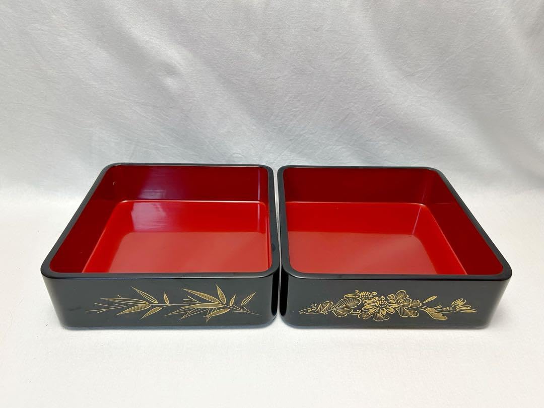 茶道具 輪島塗 天然木製 黒塗 金彩蒔絵 二段重箱 内朱共箱 重箱