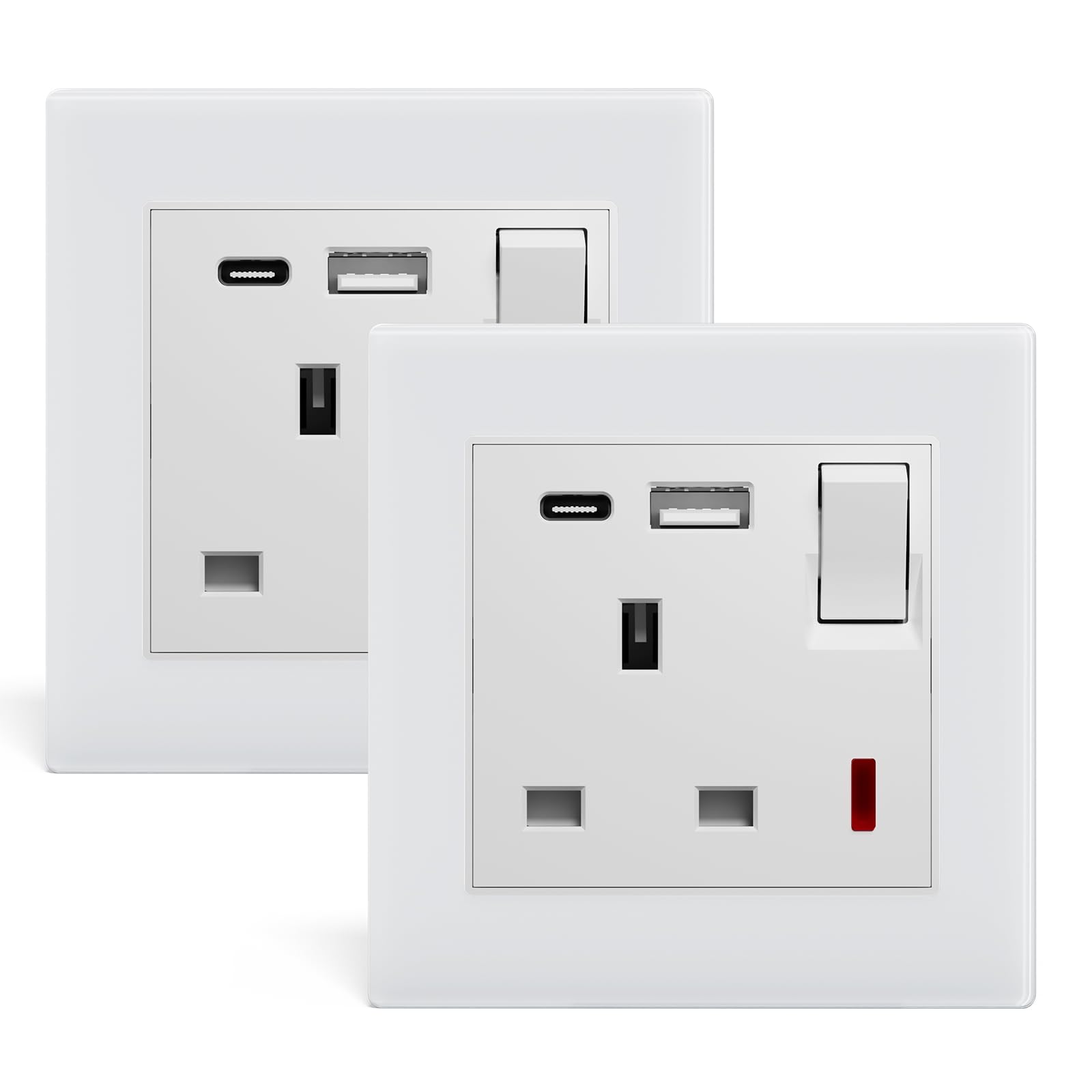 BSEEDLIFE Single Switched Wall Socket,Electric Plug Socket Outlets with 20W USB/USB-C,13 A,Glass Panel Outlet Compatible with 3 Pin UK Standard Plug,86mm White(2 Pack)