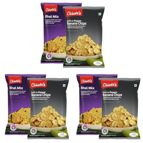 Image of Chheda's - Salt N Pepper Banana Chips (350Gm) and Bhel Mix (300Gm) | Banana Wafers | Indian Namkeen |Ready to Eat - Combo Pack (Pack of 3)