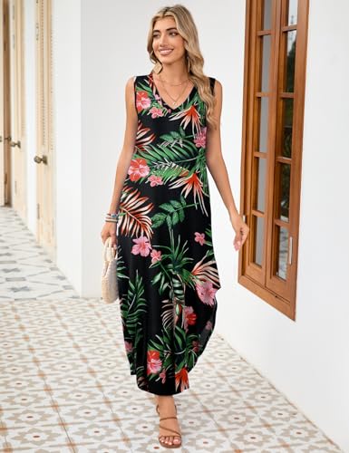 Image of JollieLovin Women Plus Size Summer Tank Maxi Dresses Sleeveless Causal V Neck Beach Long Dresses Swim Cover up (L-5X)