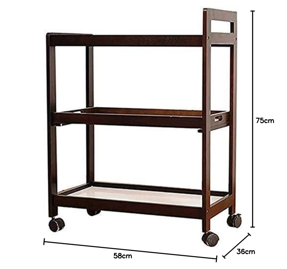 Image of 3-Tier Solid Wood Rolling Bar Cart, Wine Serving Trolley (3 tier, Brown Polish) (Style 1)